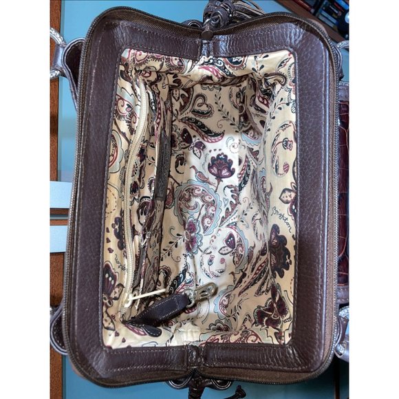 BRIGHTON Croc Embossed Brown Pebbled Leather Silver Accented Shoulder Hand Bag - Picture 9 of 13